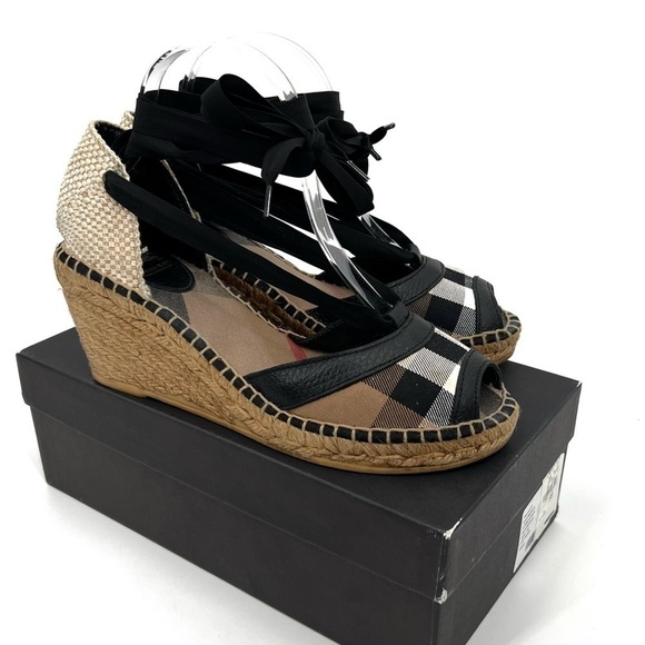 Burberry Espadrille Black Tan Brown Check Logo Tartan Plaid Print Wedge size 40 - Picture 1 of 16